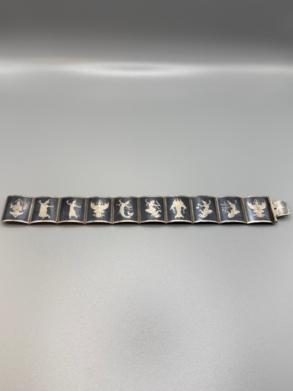 Sterling Silver Panel Bracelet with Mythical Figures - Black Enamel